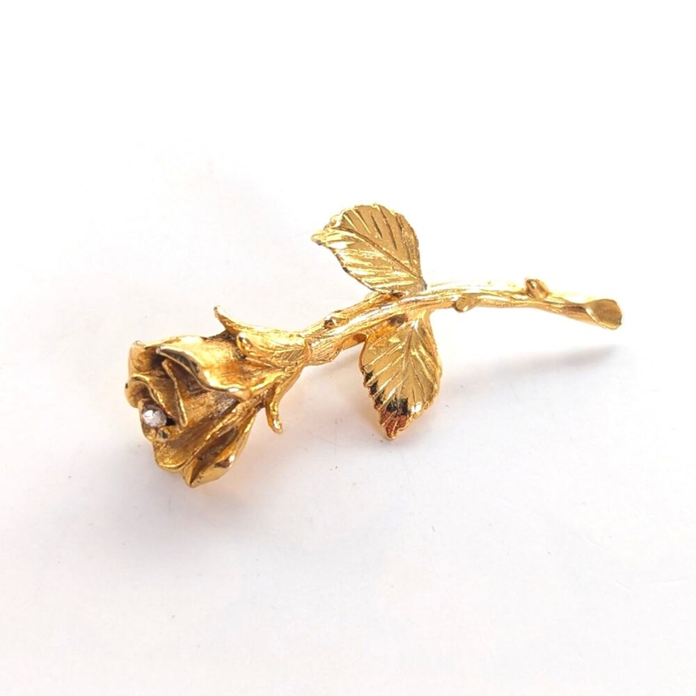 Vintage B.M. Signed 18k Gold Plated Rosebud Romantic Rhinestone Rose Brooch